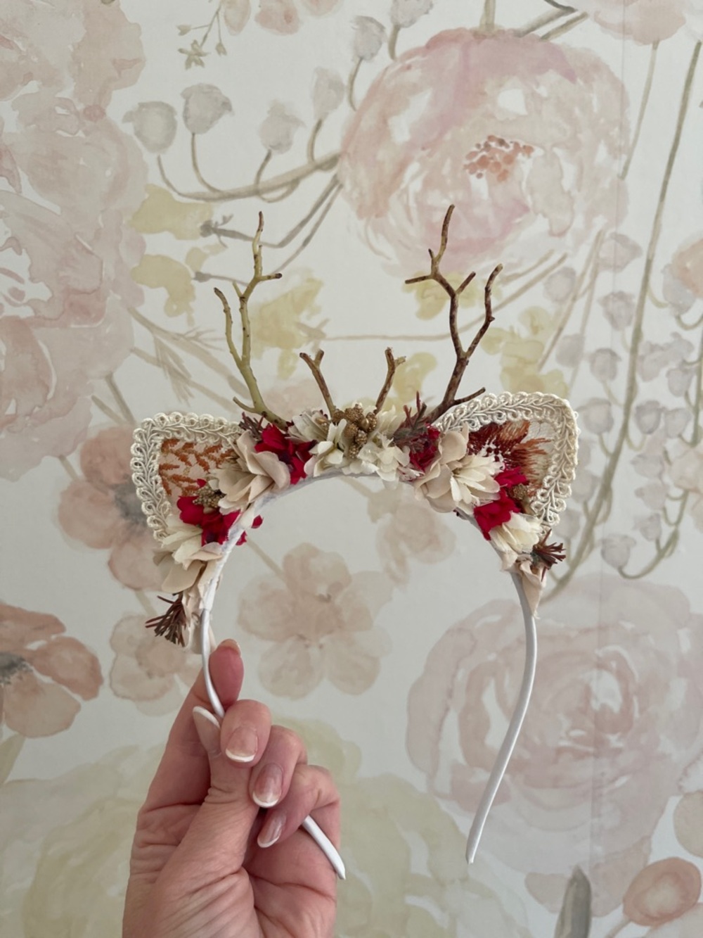 Floral Antler  Ear Headband in Cream and Red